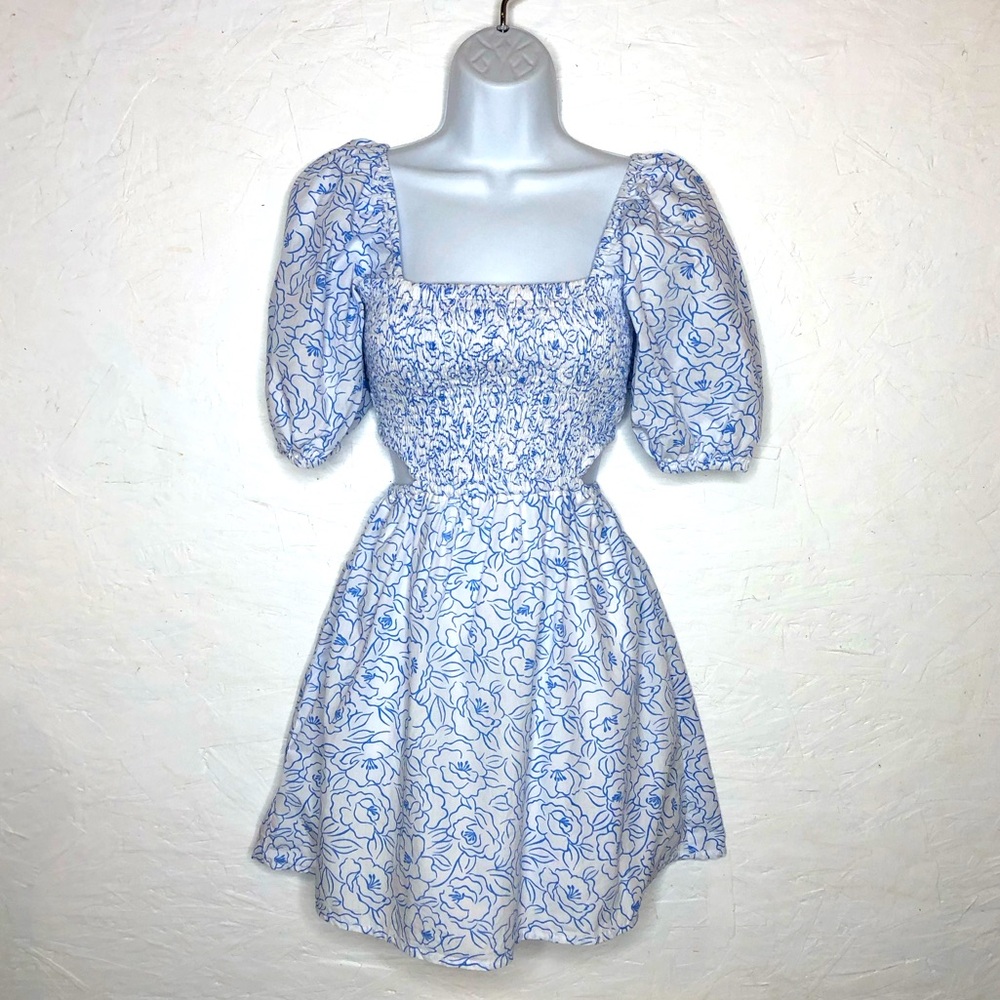 Faithful The Brand | 100% Cotton Floral Print Mini Dress Cut Out Puff Sleeves